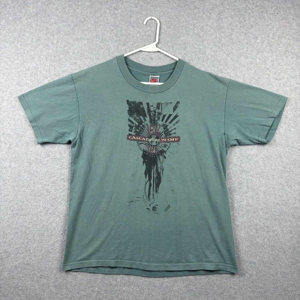 Vintage Nike T Shirt Mens XL Green Graphic Race Tee Single Stitch USA 90s Faded